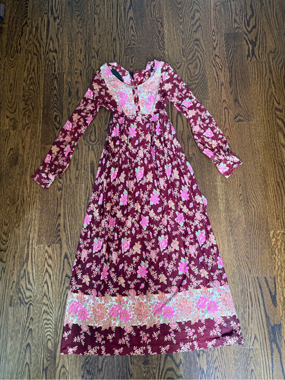 Burgundy Floral Maxi Dress with Pink Accents 70s Vintage